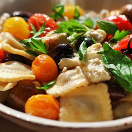 Beef Ravioli with Roasted Ricotta, Mixed Tomatoes and Olives