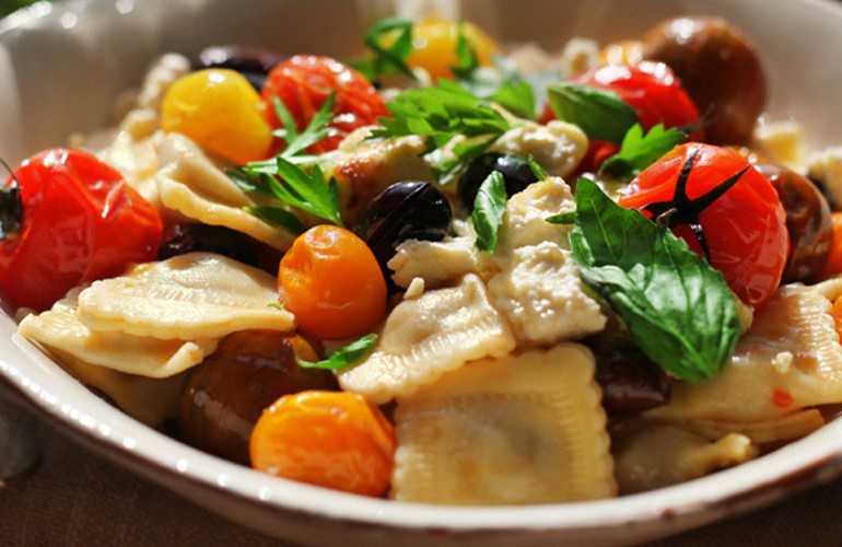 Beef Ravioli with Roasted Ricotta, Mixed Tomatoes and Olives