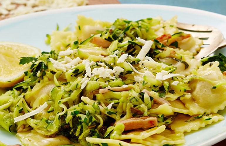 Gluten Free Beef Ravioli With Bacon, Zucchini, Feta And Mint