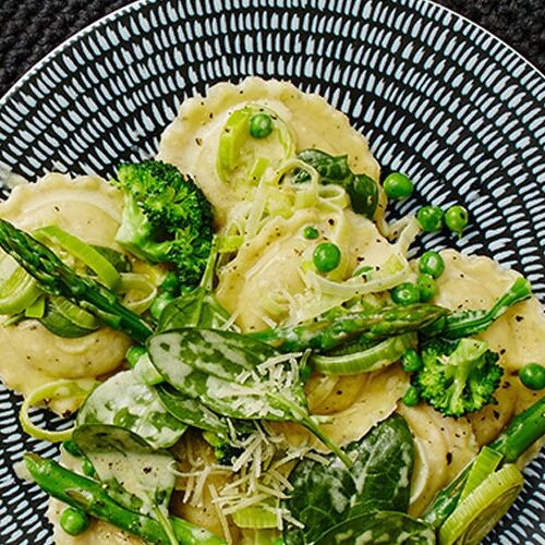 Mushroom Cappelletti With Spring Vegetables In Lemony Cream Sauce