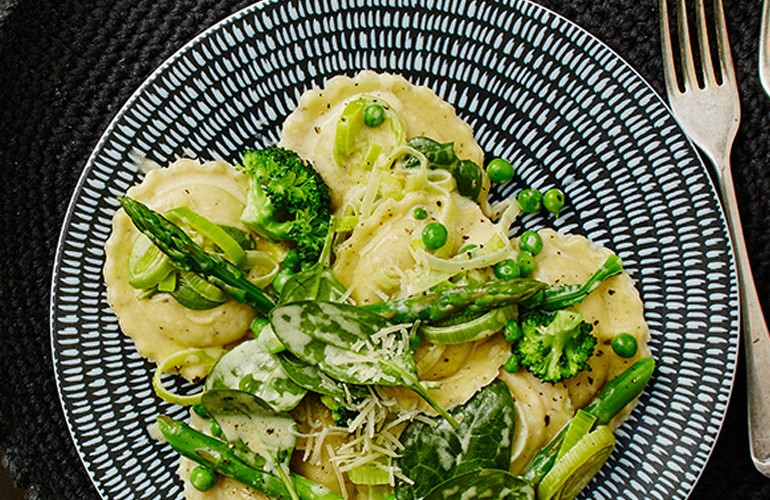 Mushroom Cappelletti With Spring Vegetables In Lemony Cream Sauce