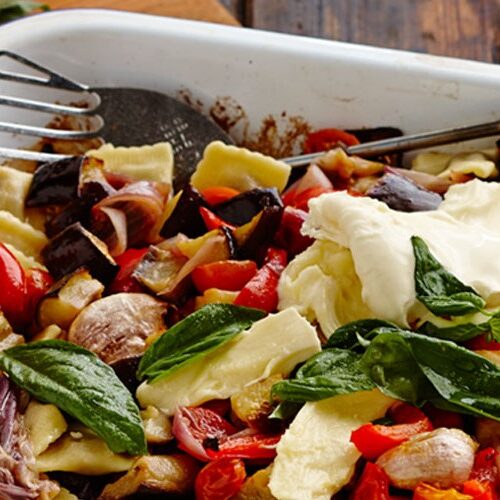 Roasted Vegetables with Beef Ravioli and Burrata