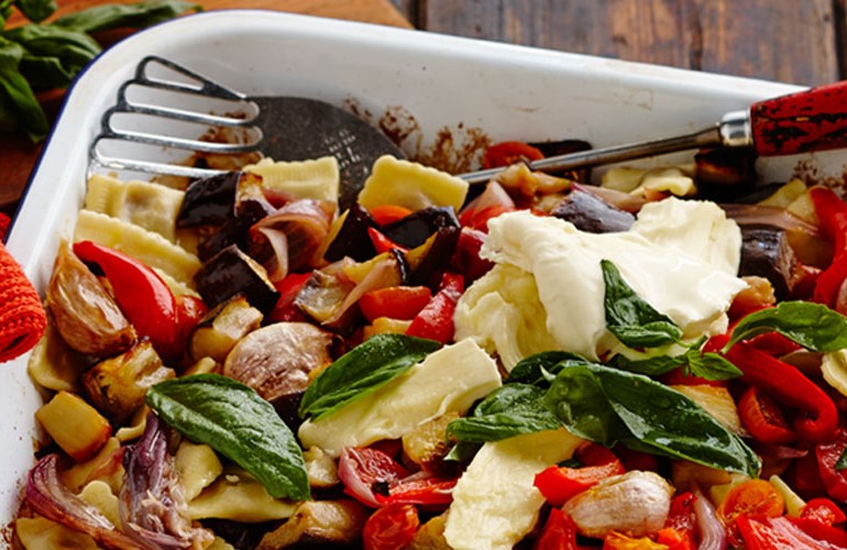 Roasted Vegetables with Beef Ravioli and Burrata